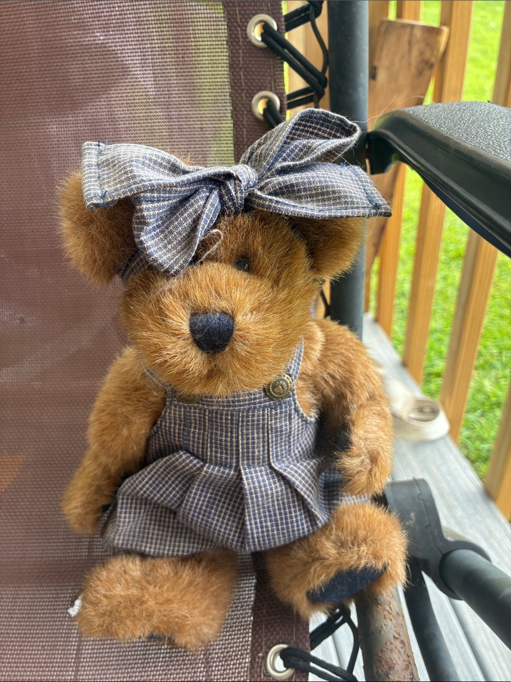Boyds Bears Brown Plush Teddy in Blue-Gray Plaid Dress & Bow